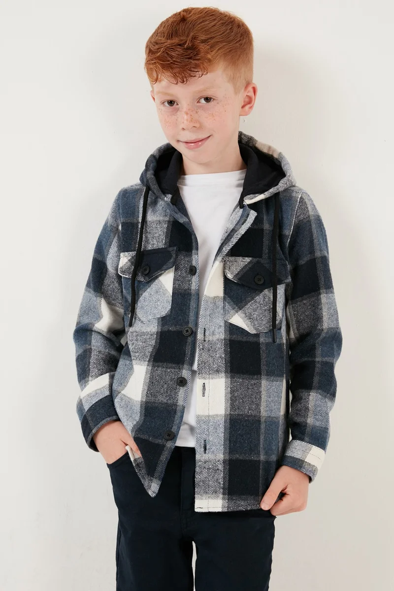 ليلا Hooded Double Pocket Plaid Winter Lumberjack Shirt Boy's Shirt CF24W81778