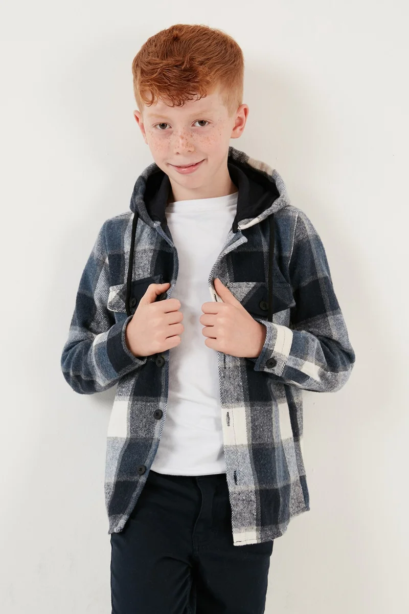 ليلا Hooded Double Pocket Plaid Winter Lumberjack Shirt Boy's Shirt CF24W81778