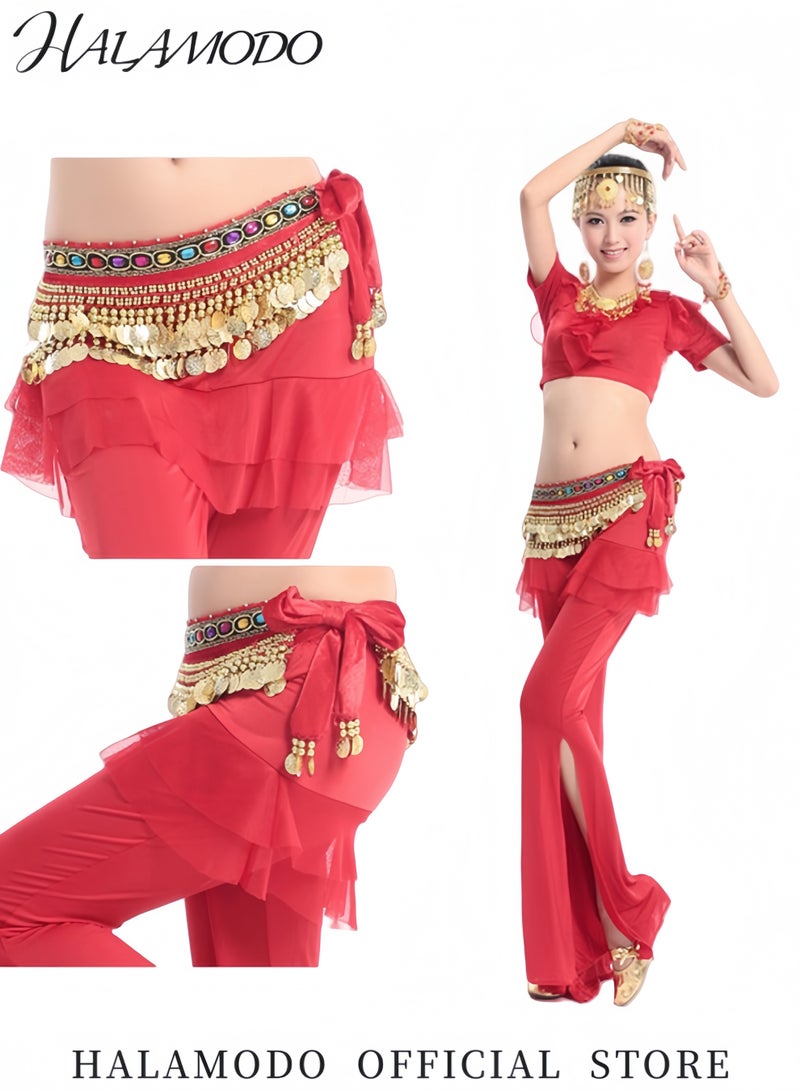 HALAMODO Women's Bellydance Scarf with Gold Coins Skirts Wrap Belly Dance  Scarf Chiffon Belly Dancing Scarf Waist Belly Dance Scarf Triangle Skirt  - Image 2