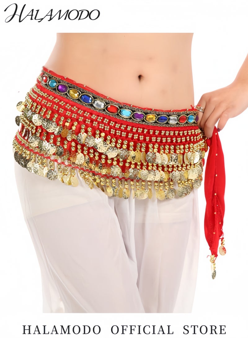 HALAMODO Women's Bellydance Scarf with Gold Coins Skirts Wrap Belly Dance  Scarf Chiffon Belly Dancing Scarf Waist Belly Dance Scarf Triangle Skirt  - Image 3