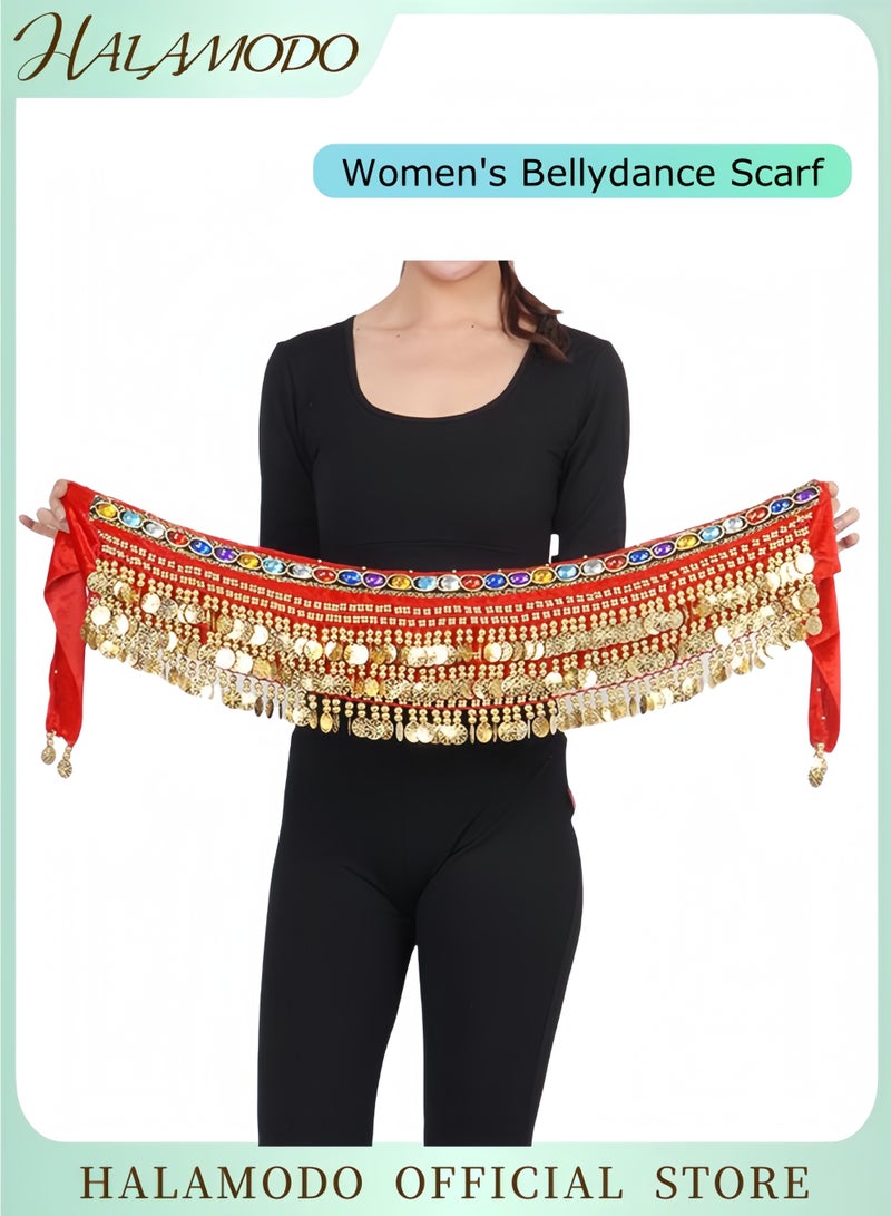 HALAMODO Women's Bellydance Scarf with Gold Coins Skirts Wrap Belly Dance  Scarf Chiffon Belly Dancing Scarf Waist Belly Dance Scarf Triangle Skirt  - Image 1