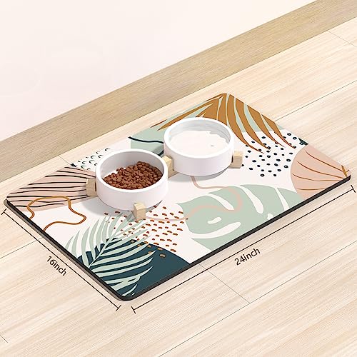 Rnivvi Dog Food Mat 16 x 24 Boho Absorbent Dog Cat Bowl Mat for Food and Water Cute AntiSlip Rubber Pet Feeding Rug Protect Floors Puppy Placemat for Feeding Watering Supplies Tropical Leaves - Image 3