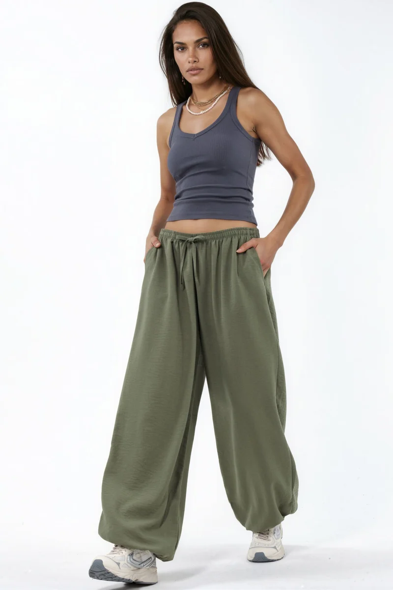 بوسيم BUSEM Wide-Leg Woven Trousers with Drawstring Waist