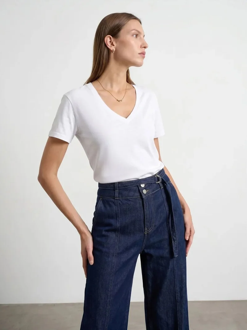 ديلفين Dilvin Cotton Tencel V-Neck Short-Sleeve Blouse