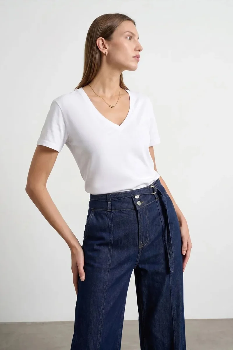 ديلفين DILVIN Cotton Tencel V-Neck Short-Sleeve Blouse