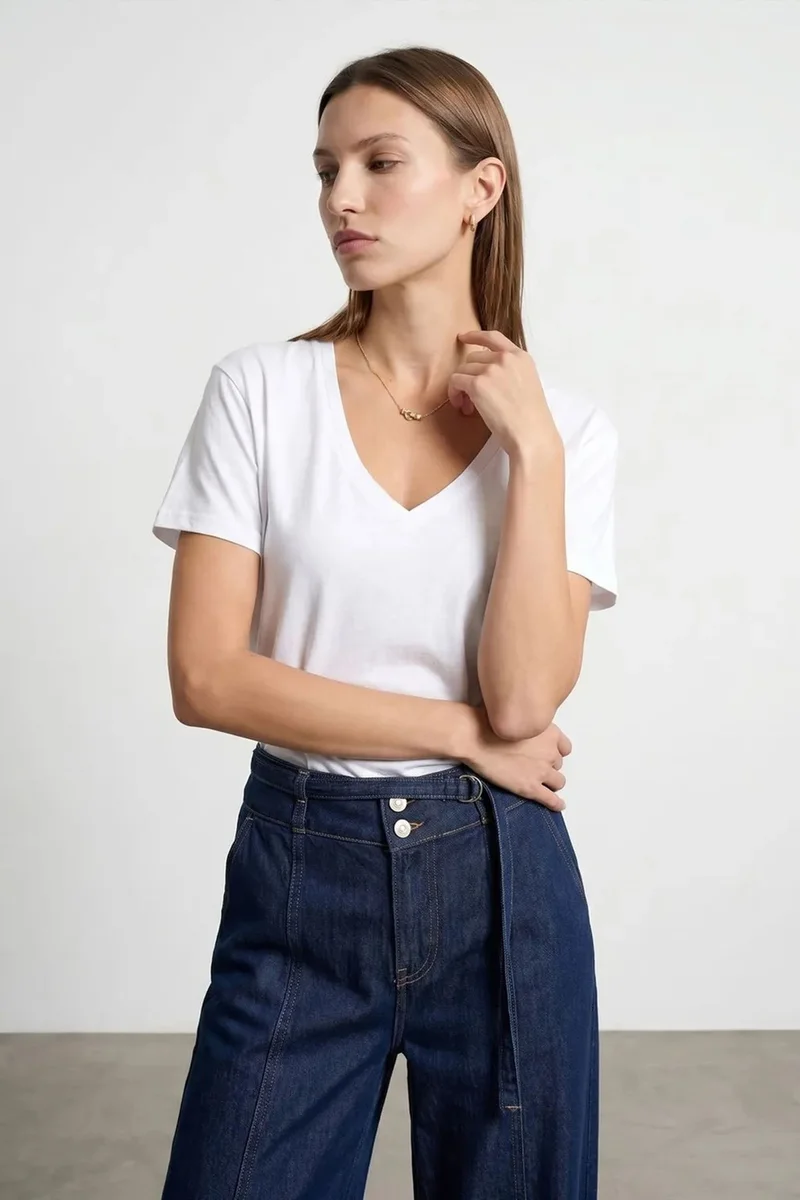 Dilvin White DILVIN Cotton Tencel V-Neck Short-Sleeve Blouse for Women | Best Price UAE