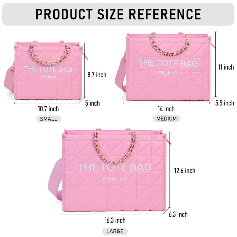 Chinllo Tote Bag for Women Quilted Chains Satchel Purse and Handbags with Shoulder Strap (E.Pink-M) - Image 3
