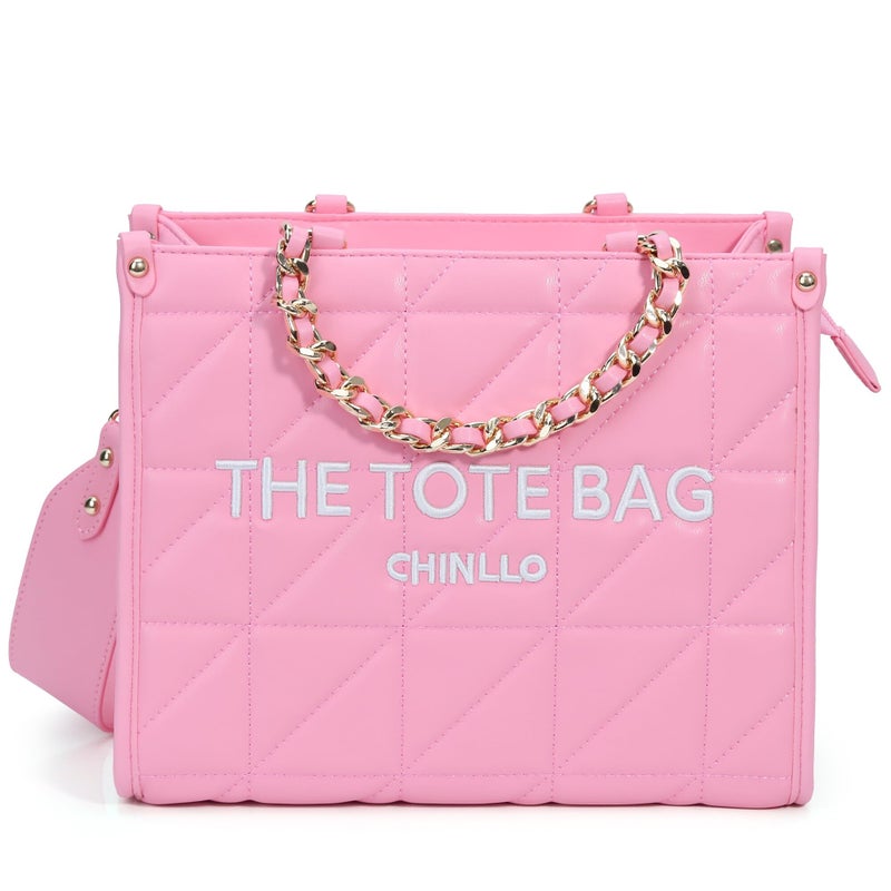 Chinllo Tote Bag for Women Quilted Chains Satchel Purse and Handbags with Shoulder Strap (E.Pink-M) - Image 1