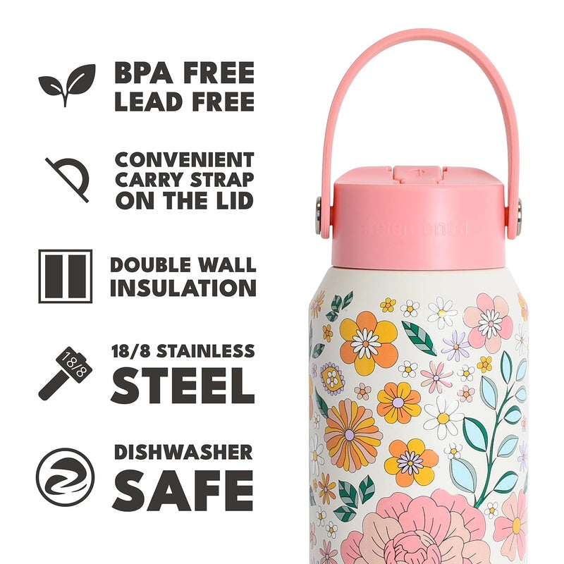 Elemental 40oz Insulated Water Bottle with Straw - 100% Leak-Proof Stainless Steel Core Water Bottles for Travel, Sports and Gym - Double Wall Insulation & BPA Free - Blossom Luxe - Image 5
