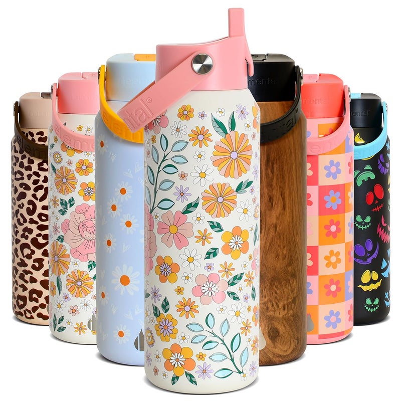 Elemental 40oz Insulated Water Bottle with Straw - 100% Leak-Proof Stainless Steel Core Water Bottles for Travel, Sports and Gym - Double Wall Insulation & BPA Free - Blossom Luxe - Image 1