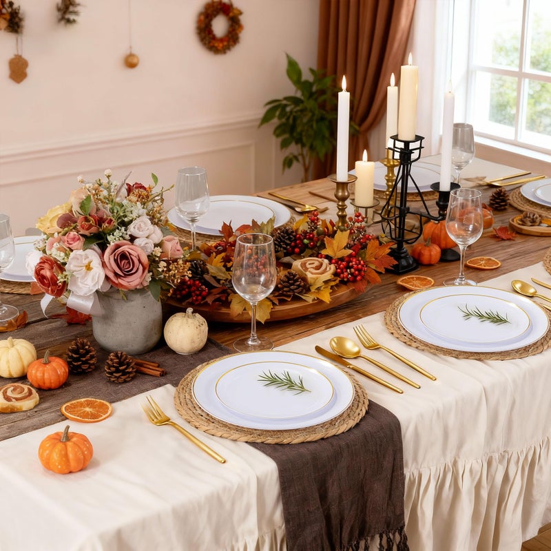 I00000 150PCS White and Gold Plastic Plates with Disposable Silverware for 30 Guests,Nice Disposable Plates,White Plastic Plates Set Include 30 Dinner Plate,30 Dessert Plate,90 Gold Cutlery for Party - Image 2