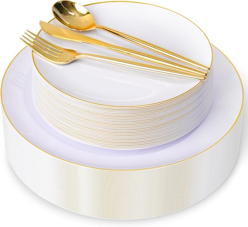 I00000 150PCS White and Gold Plastic Plates with Disposable Silverware for 30 Guests,Nice Disposable Plates,White Plastic Plates Set Include 30 Dinner Plate,30 Dessert Plate,90 Gold Cutlery for Party - Image 1