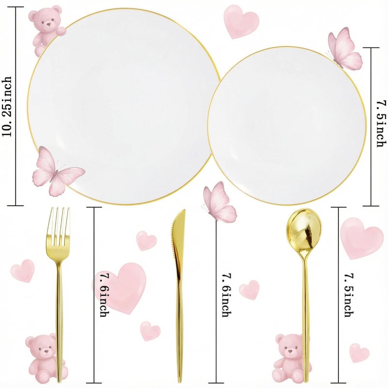 I00000 150PCS White and Gold Plastic Plates with Disposable Silverware for 30 Guests,Nice Disposable Plates,White Plastic Plates Set Include 30 Dinner Plate,30 Dessert Plate,90 Gold Cutlery for Party - Image 3