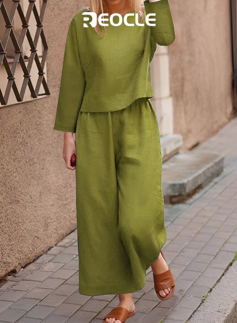 REOCLE Casual Loose Solid Color Shirt Long-sleeved Trousers Two-piece Fashion Casual Suit Comfortable and Breathable - Image 4