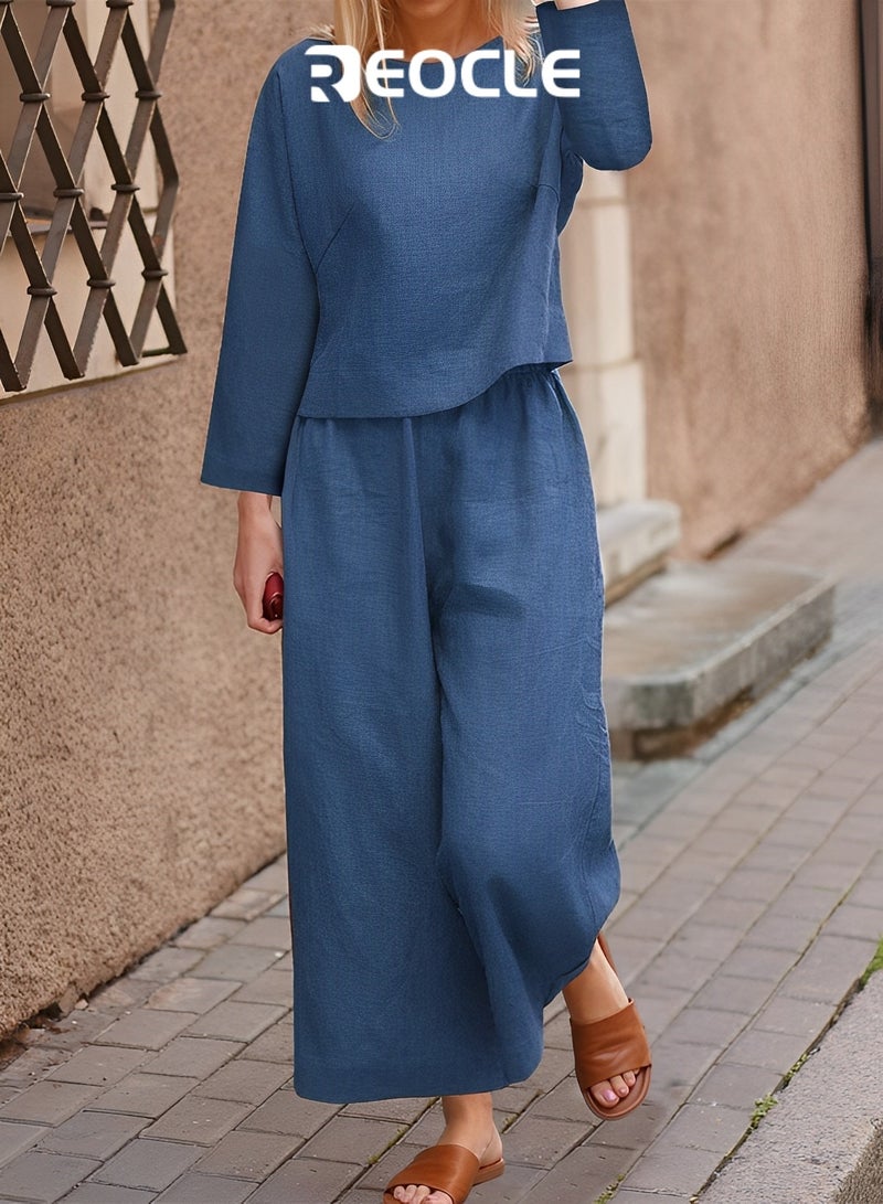 REOCLE Casual Loose Solid Color Shirt Long-sleeved Trousers Two-piece Fashion Casual Suit Comfortable and Breathable - Image 2