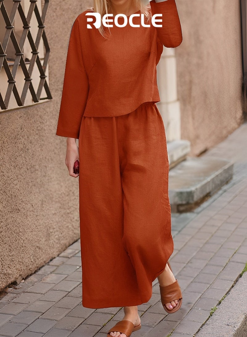REOCLE Casual Loose Solid Color Shirt Long-sleeved Trousers Two-piece Fashion Casual Suit Comfortable and Breathable - Image 5