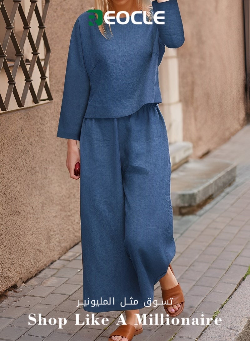 REOCLE Casual Loose Solid Color Shirt Long-sleeved Trousers Two-piece Fashion Casual Suit Comfortable and Breathable - Image 1
