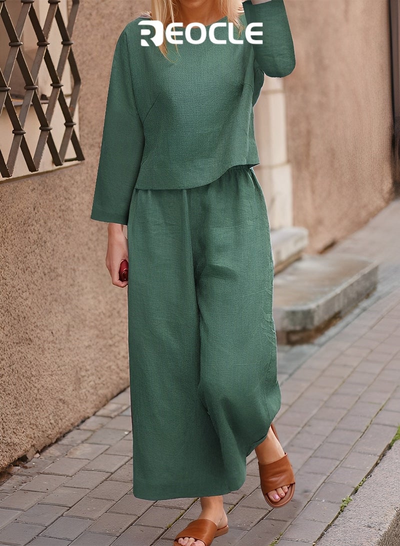 REOCLE Casual Loose Solid Color Shirt Long-sleeved Trousers Two-piece Fashion Casual Suit Comfortable and Breathable - Image 3
