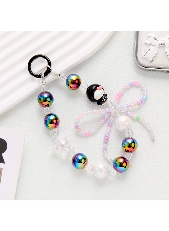 NIBEMINENT Beaded Phone Lanyard, Anti Lost Removable Wrist Strap, Creative Rice Bead Bowknot Bracelet Pendant, Phone Keychain Lanyard,Black
