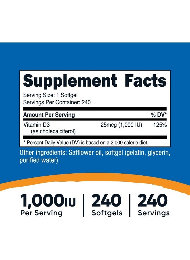 Nutricost Vitamin D3 1000 IU Softgels, 240 Softgels - Non-GMO & Gluten Free - Image 2