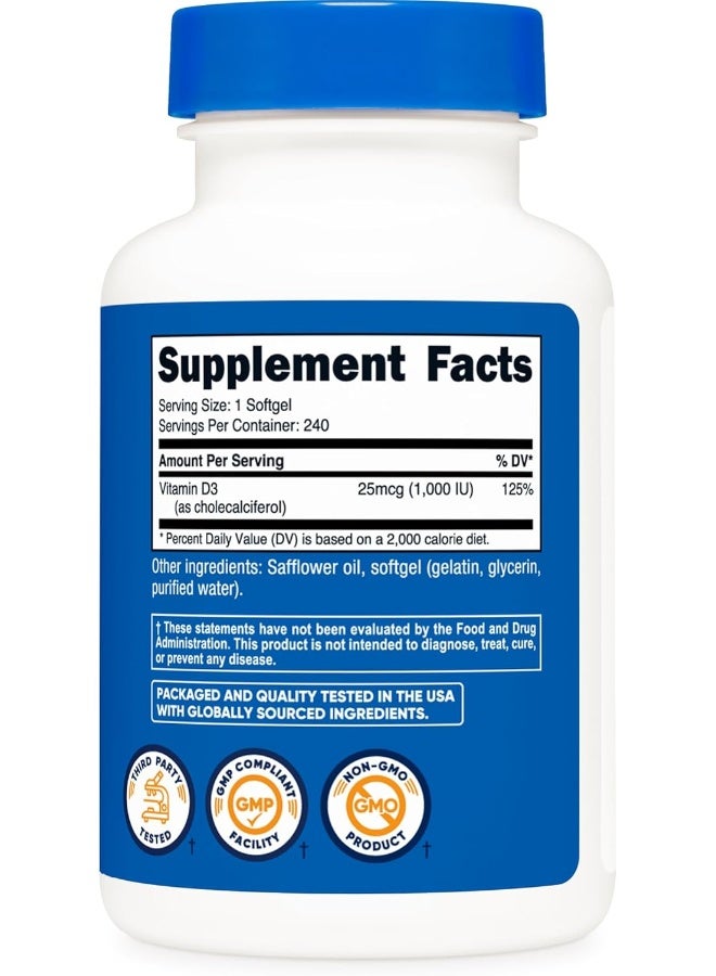 Nutricost Vitamin D3 1000 IU Softgels, 240 Softgels - Non-GMO & Gluten Free - Image 5