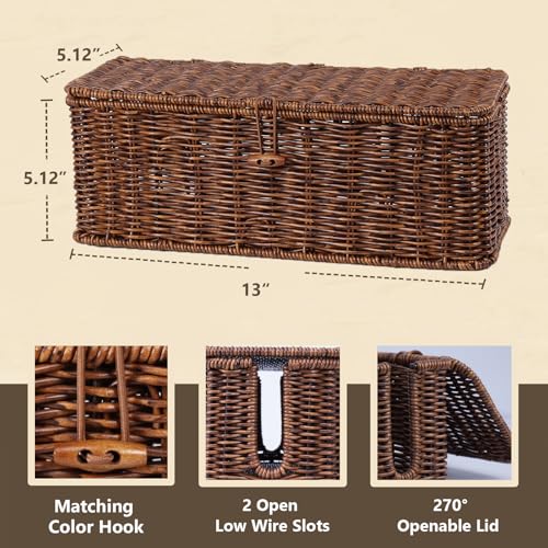 BROWNLILY Cable Management Box, Rattan Style Cord Organizer for Desk Cord Hider Outlet Covers Baby Proofing for Power Strip TV PC Router Charger Under Desk Storage with Lockable Lid and Cable Ties - Image 2