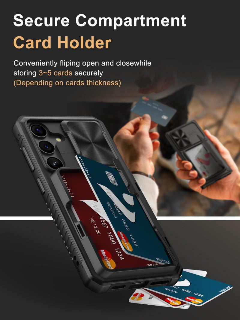 Vihibii for Samsung Galaxy S24 Back Cover with Card Holder (4 Cards) & Slide Camera Cover & Kickstand, Rugged Hard Back & TPU Soft Edge Wallet Case for Galaxy S24 5G 6.2" 2024, Black - Image 3