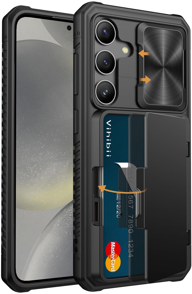 Vihibii for Samsung Galaxy S24 Back Cover with Card Holder (4 Cards) & Slide Camera Cover & Kickstand, Rugged Hard Back & TPU Soft Edge Wallet Case for Galaxy S24 5G 6.2" 2024, Black - Image 1
