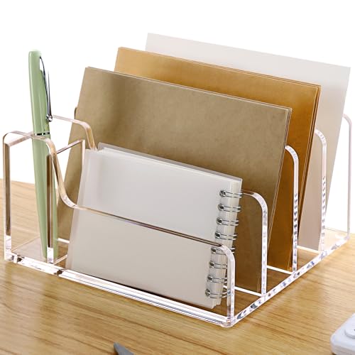SANRUI Acrylic Mail Organizer 5 Compartments File Holder for DeskLetter Sorter with Pen HolderDesk Organizers and AccessoriesClear Cute Mail Sorter - Image 1