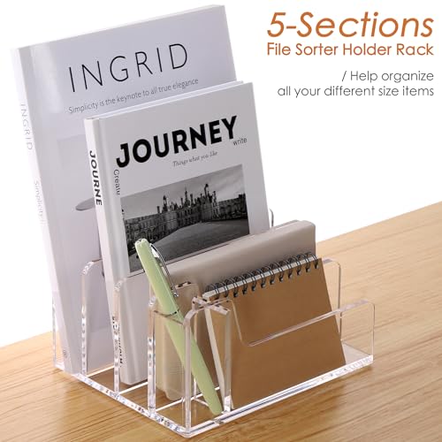 SANRUI Acrylic Mail Organizer 5 Compartments File Holder for DeskLetter Sorter with Pen HolderDesk Organizers and AccessoriesClear Cute Mail Sorter - Image 3