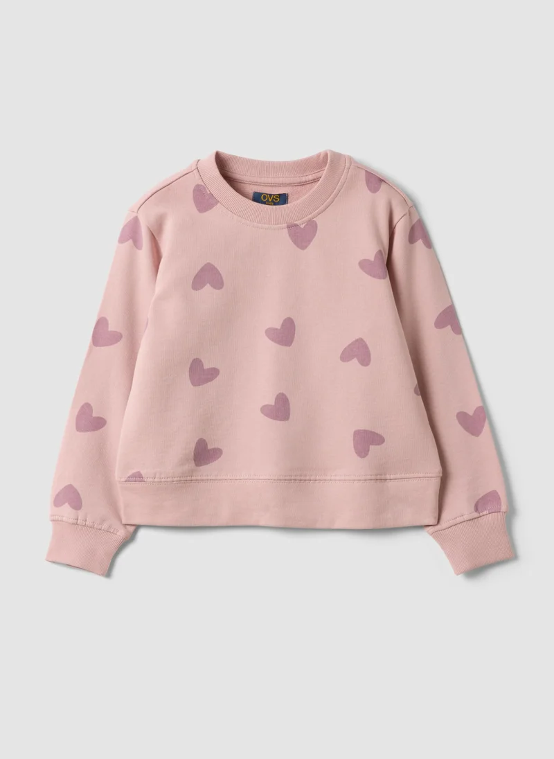 Ovs OVS Pink Pure Cotton Sweatshirt With Heart Print And Crew Neck For Girls
