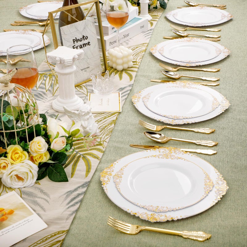 Joyido 102PCS White and Gold Plastic Plates - Gold Disposable Plates Include 51PCS 7.5inch Dessert Plates  51PCS 10.25inch Dinner Plates Perfect for Weddings Parties - Image 5