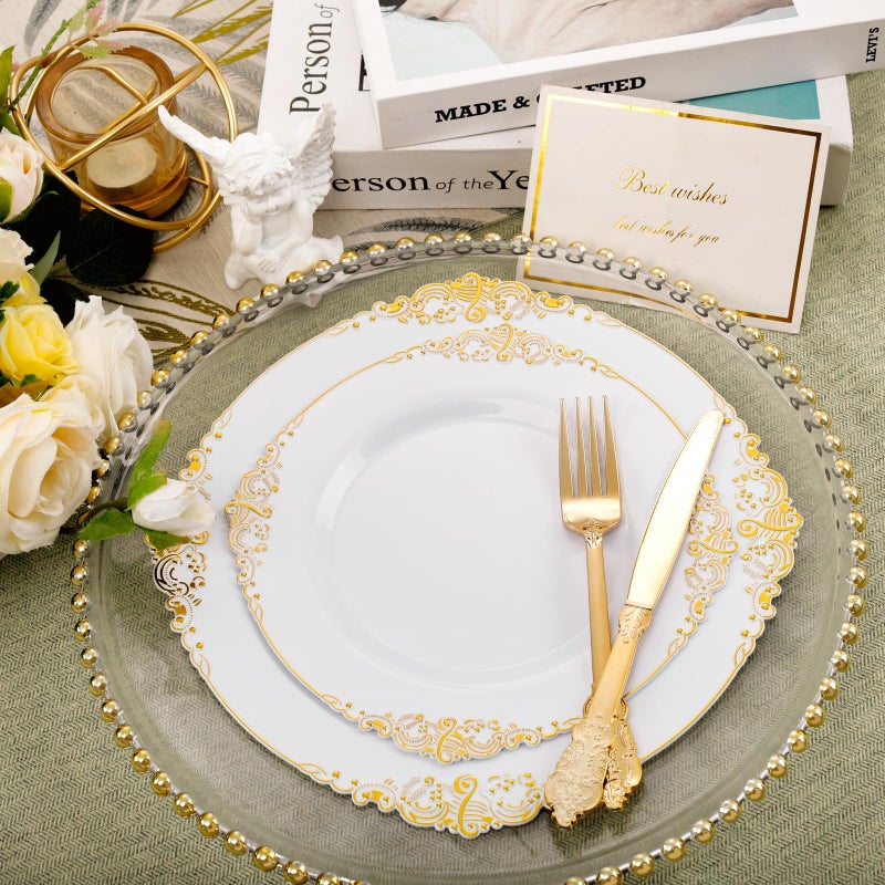 Joyido 102PCS White and Gold Plastic Plates - Gold Disposable Plates Include 51PCS 7.5inch Dessert Plates  51PCS 10.25inch Dinner Plates Perfect for Weddings Parties - Image 2