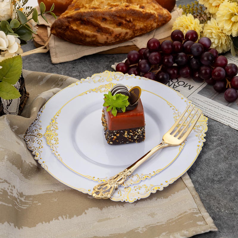 Joyido 102PCS White and Gold Plastic Plates - Gold Disposable Plates Include 51PCS 7.5inch Dessert Plates  51PCS 10.25inch Dinner Plates Perfect for Weddings Parties - Image 3