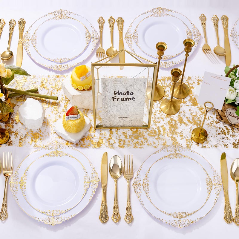 Joyido 102PCS White and Gold Plastic Plates - Gold Disposable Plates Include 51PCS 7.5inch Dessert Plates  51PCS 10.25inch Dinner Plates Perfect for Weddings Parties - Image 4