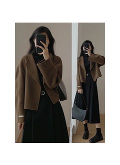 Chic Hepburn Style Woolen Coat Skirt SuitBrown Coat + black skirt suit Brown Coat + black skirt suit