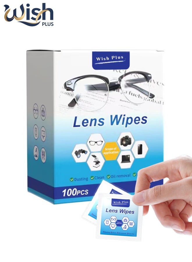Wish Plus 100 Pack Lens Wipes for Eyeglasses Pre-Moistened, Individually Wrapped Streak-Free Cleaning for EyeGlasses、Laptop Screens & Camera Lens, Glasses Cleaning Wipe Bulk, Sunglasses & Phone Wipe  - Image 1