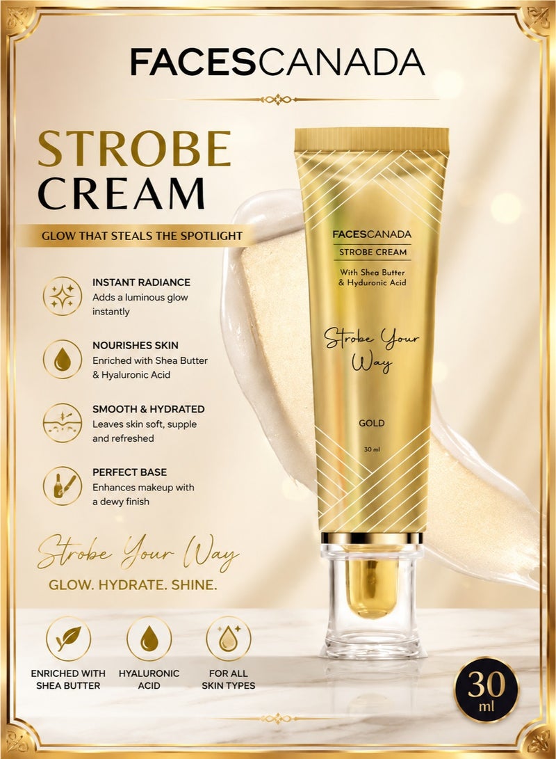 Facescanada Strobe Cream - Gold, 30ml | Primer + Highlighter + Moisturizer | Shea Butter & Hyaluronic Acid | Intense Hydration | Flawless Radiant Dewy Skin | Illuminating & Glowing Makeup Base - Image 1
