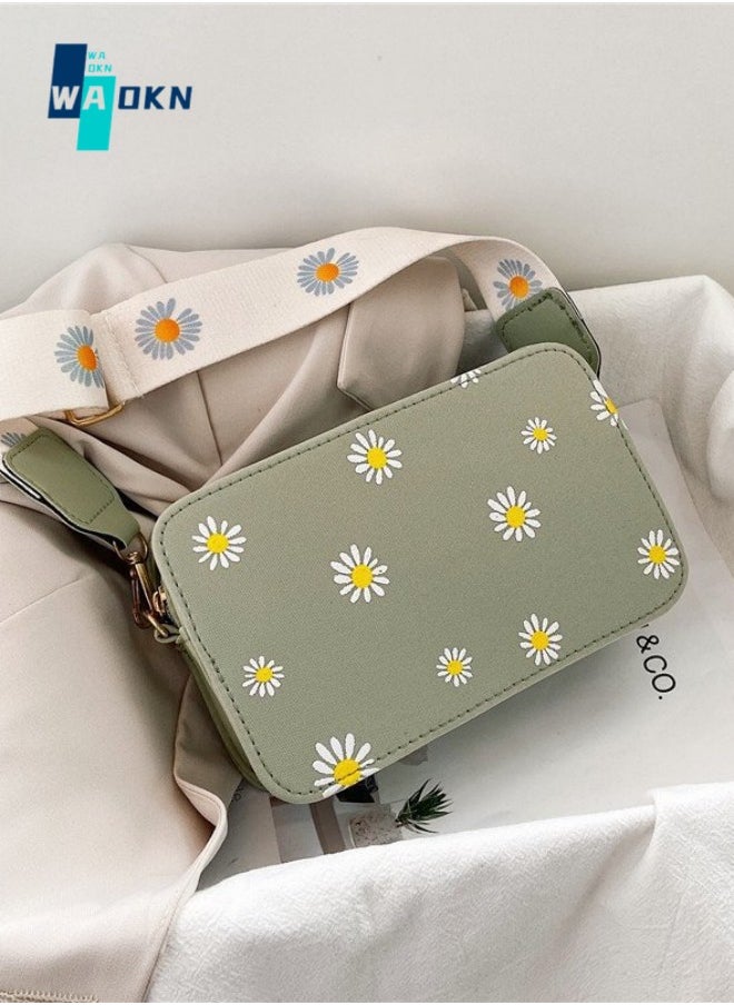 WAOKN - Women's Fashion Daisy Pattern Crossbody Bag, Classic Elegant Wide Strap Shoulder Bag for Ladies, College Commuter Printed PU Small Square Bag Tote Bag Messenger Bag (Green) - Image 1