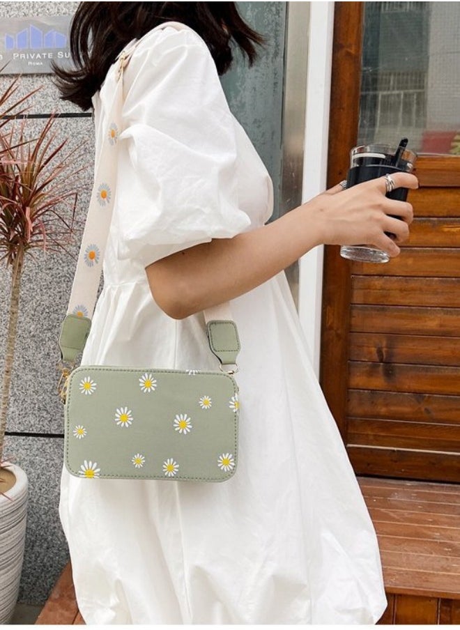 WAOKN - Women's Fashion Daisy Pattern Crossbody Bag, Classic Elegant Wide Strap Shoulder Bag for Ladies, College Commuter Printed PU Small Square Bag Tote Bag Messenger Bag (Green) - Image 1