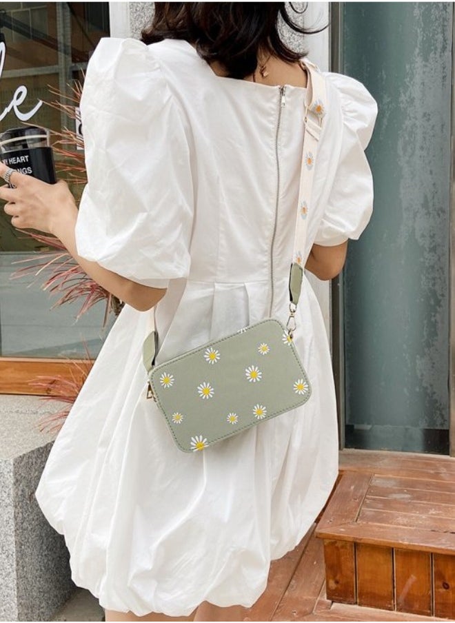 WAOKN - Women's Fashion Daisy Pattern Crossbody Bag, Classic Elegant Wide Strap Shoulder Bag for Ladies, College Commuter Printed PU Small Square Bag Tote Bag Messenger Bag (Green) - Image 1