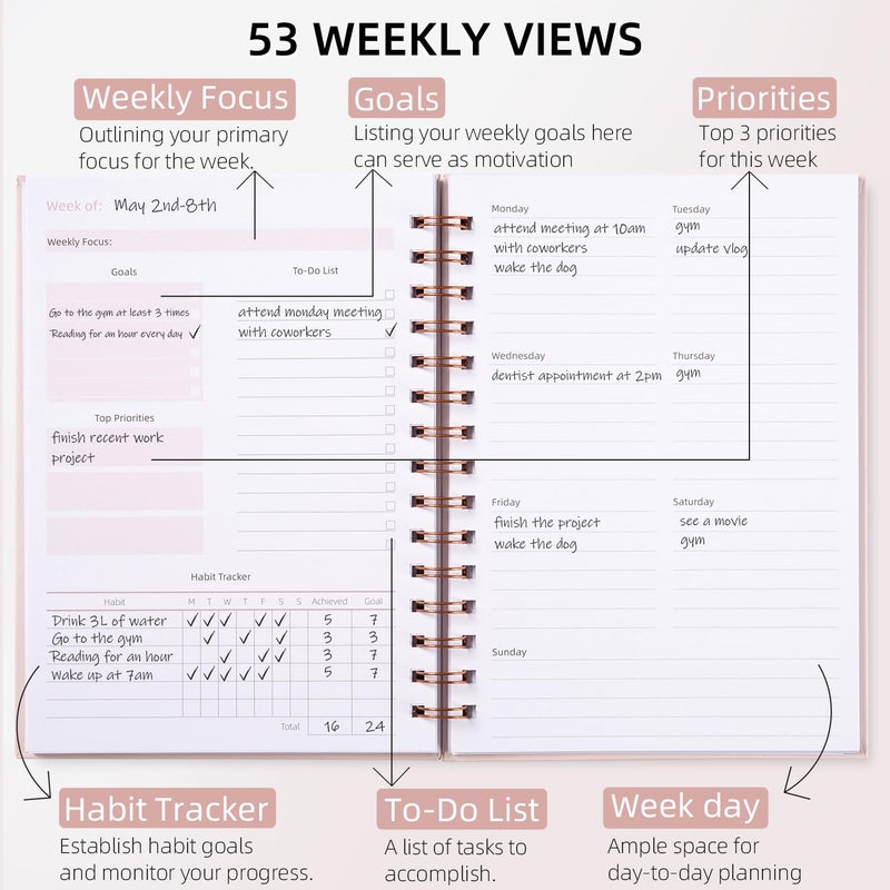 LONLAT Undated Weekly and Monthly Planner Spiral Bound- Weekly Goals Notebook, To Do List, Habit Tracker Journal, Academic, Aesthetic, Stylish School or Office Supplies (6.1" x 8.4" - Pink) - Image 3