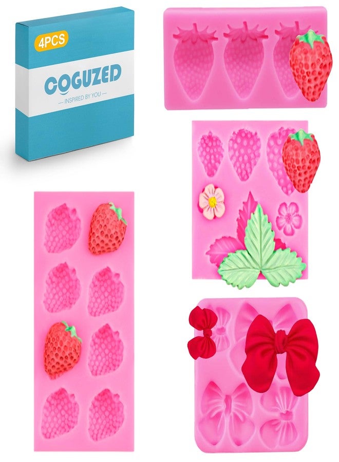 CoguZed 4 Pcs Strawberry and Bow Silicone Molds, Fruit and Leaf Fondant Mold for Chocolate, Candy Making, Cake Decorating and Clay Crafting - Image 1