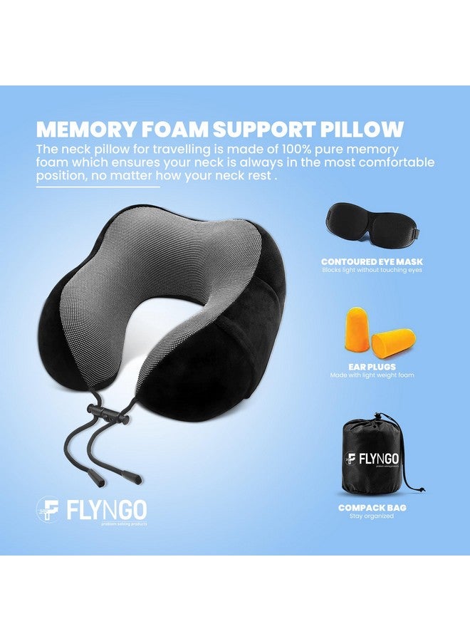 FLYNGO FLYNGO Memory Foam Neck Pillow for Travel Neck Support Pillow with Rest Eye Mask, Noise Isolating Ear Plugs Portable Combo (Black, pack of 1)  - Image 2