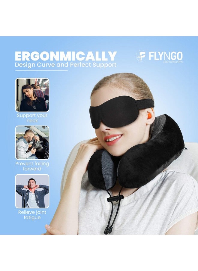 FLYNGO FLYNGO Memory Foam Neck Pillow for Travel Neck Support Pillow with Rest Eye Mask, Noise Isolating Ear Plugs Portable Combo (Black, pack of 1)  - Image 5