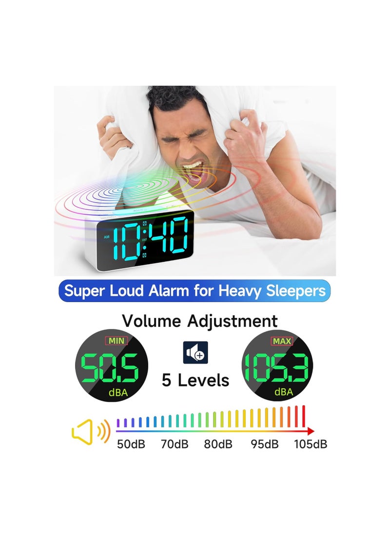 Bukela - Extra Loud Alarm Clock for Heavy Sleepers Adults, Rainbow Digital Clock with 7 Color Night Light, Adjustable Volume, Dimmable, USB Charger, Small Clocks for Bedrooms, Suitable for Kids Wake Up, White - Image 1