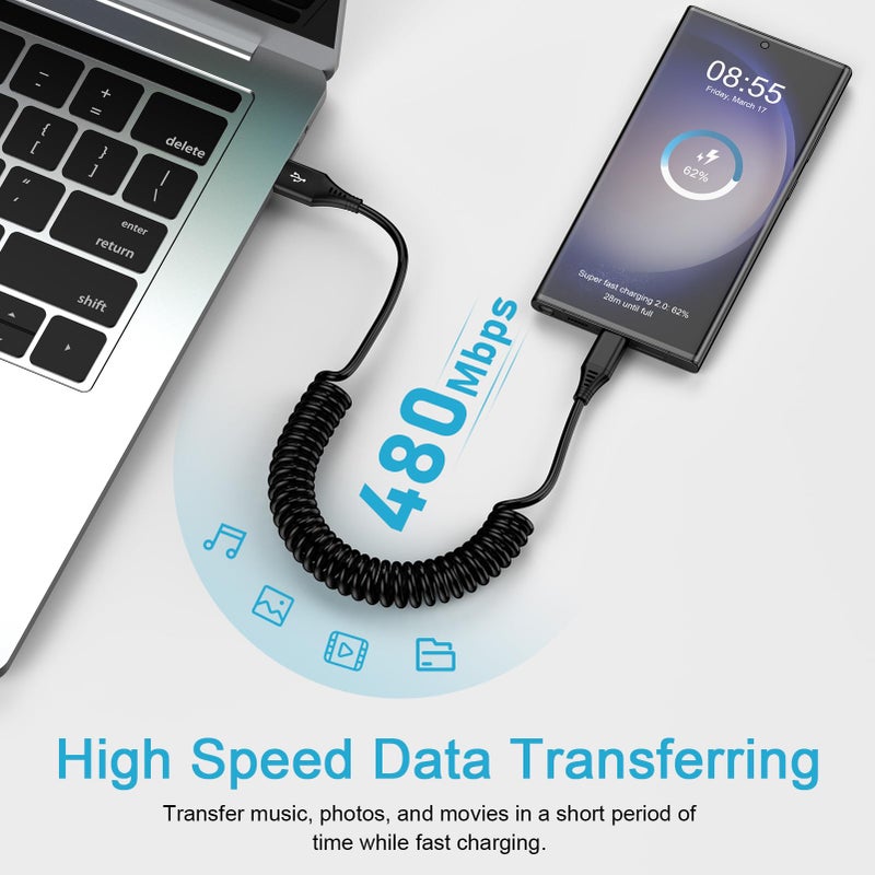 FiveBox 2.5ft Coiled Fast Charging Cable Phone Charger for Samsung Galaxy S25 Edge Plus Z Fold 7 6 5 4 3 2 Flip 7 FE 6 5 4, S24 S23 S22 S21+ Ultra S20 FE 5G, USB A to Type C Car Retractable Phone Charger Cord - Image 3