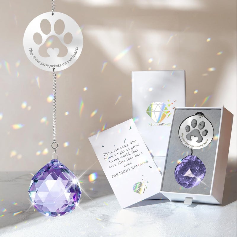 Mooncraftlogy Dog Memorial Gifts for Loss of Dog, Unique Pet Sympathy Gift Idea, Purple Crystal Ball Window Suncatcher for Remembrance, Rainbow Paw Print Hanging Cat Passing Away Bereavement Present - Image 1