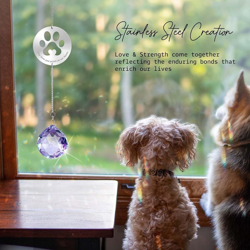Mooncraftlogy Dog Memorial Gifts for Loss of Dog, Unique Pet Sympathy Gift Idea, Purple Crystal Ball Window Suncatcher for Remembrance, Rainbow Paw Print Hanging Cat Passing Away Bereavement Present - Image 2