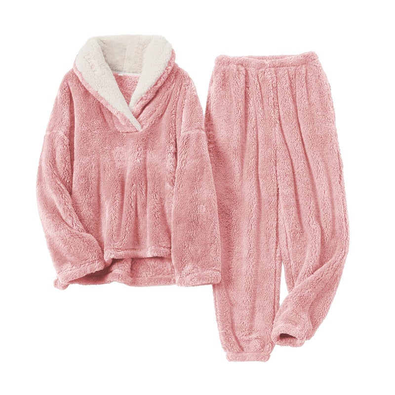 SeeLuNa Womens Fluffy Pajamas Set Fleece Pullover Pants Oversized Plush Sleepwear Cozy Fuzzy Loungewear Loose Warm Pjs SetsPinkS - Image 2